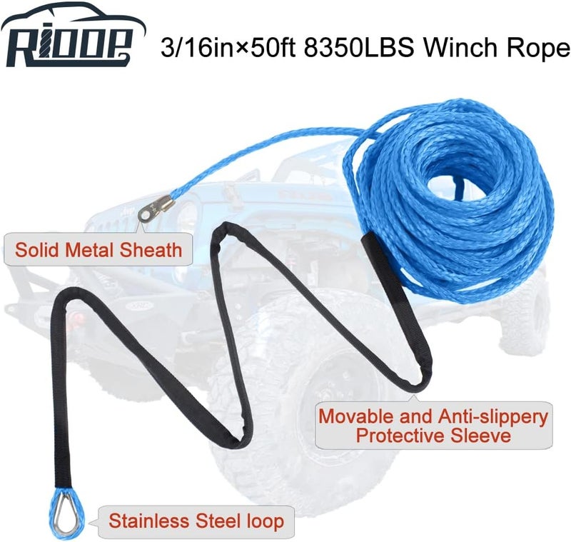 RIOOP Synthetic Winch Rope,3/16 Inch x 50 Feet 8350LBs Winch Cable Line with Protective Sleeve for ATV UTV (Blue) - Image 2